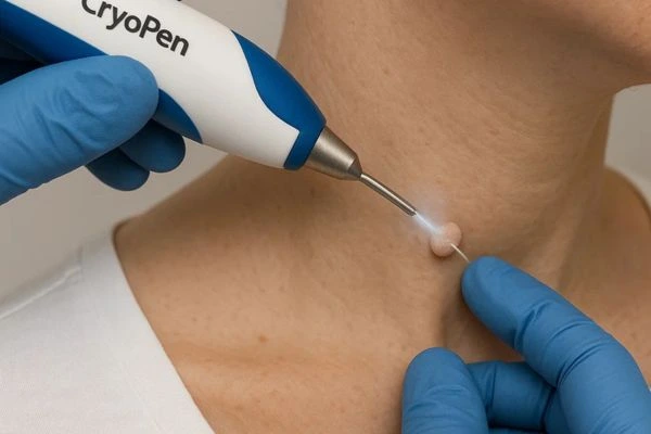Person receiving cryotherapy Cottenham Park for skin tag removal