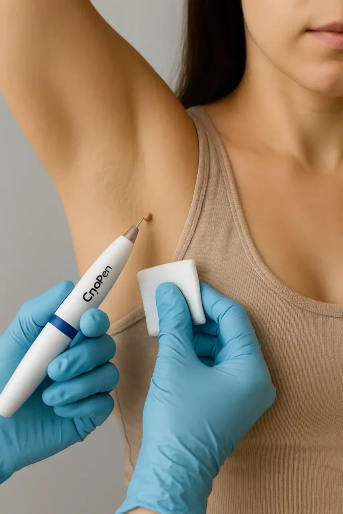woman having cryopen to remove underarm skin tags Cottenham Park
