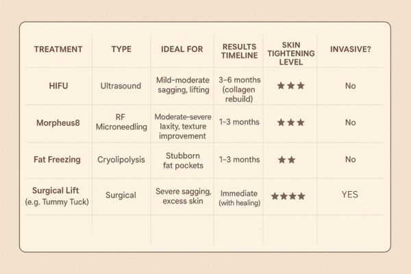 Table showing the comparisons of Skin tightening Cottenham Park treatment options.